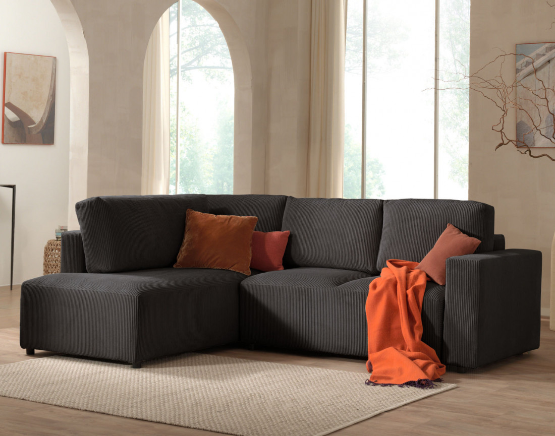 Canapé d'angle gauche 5 places convertible avec coffre en velours côtelé Livy