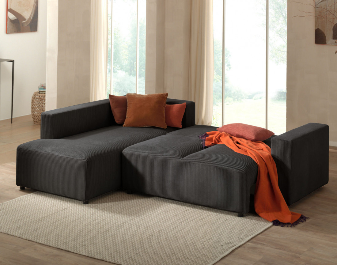 Canapé d'angle gauche 5 places convertible avec coffre en velours côtelé Livy