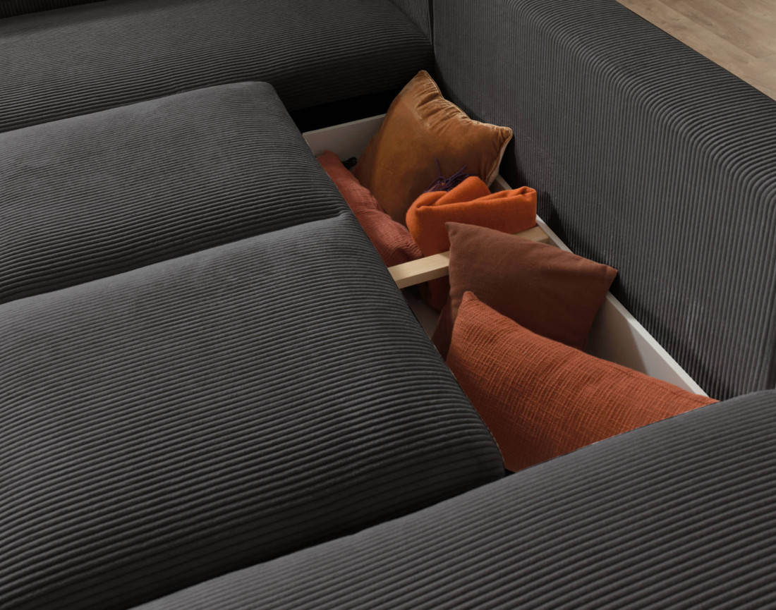 Canapé d'angle gauche 5 places convertible avec coffre en velours côtelé Livy