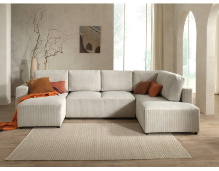 Canapé d'angle panoramique droit convertible avec coffre en velours côtelé Livy