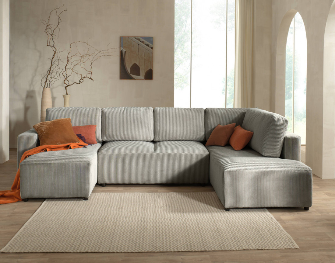 Canapé d'angle panoramique droit convertible avec coffre en velours côtelé Livy