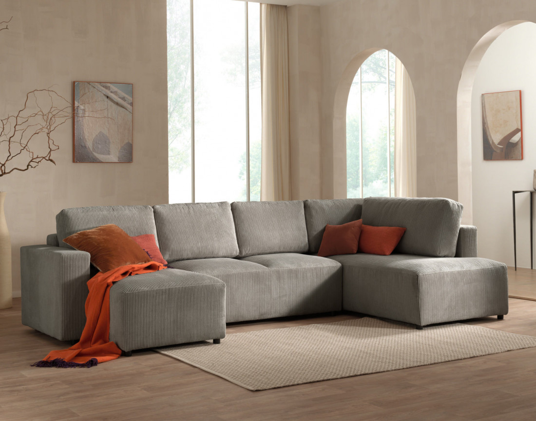 Canapé d'angle panoramique droit convertible avec coffre en velours côtelé Livy