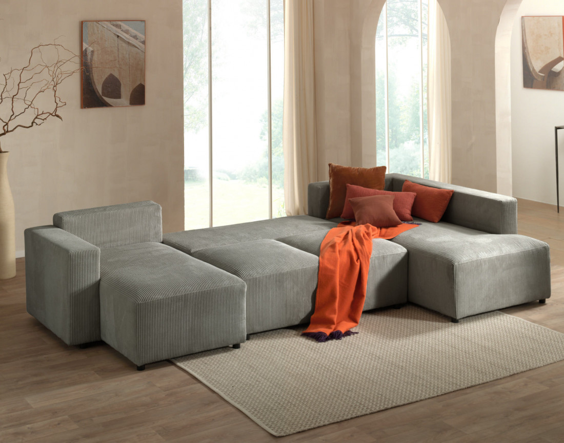 Canapé d'angle panoramique droit convertible avec coffre en velours côtelé Livy