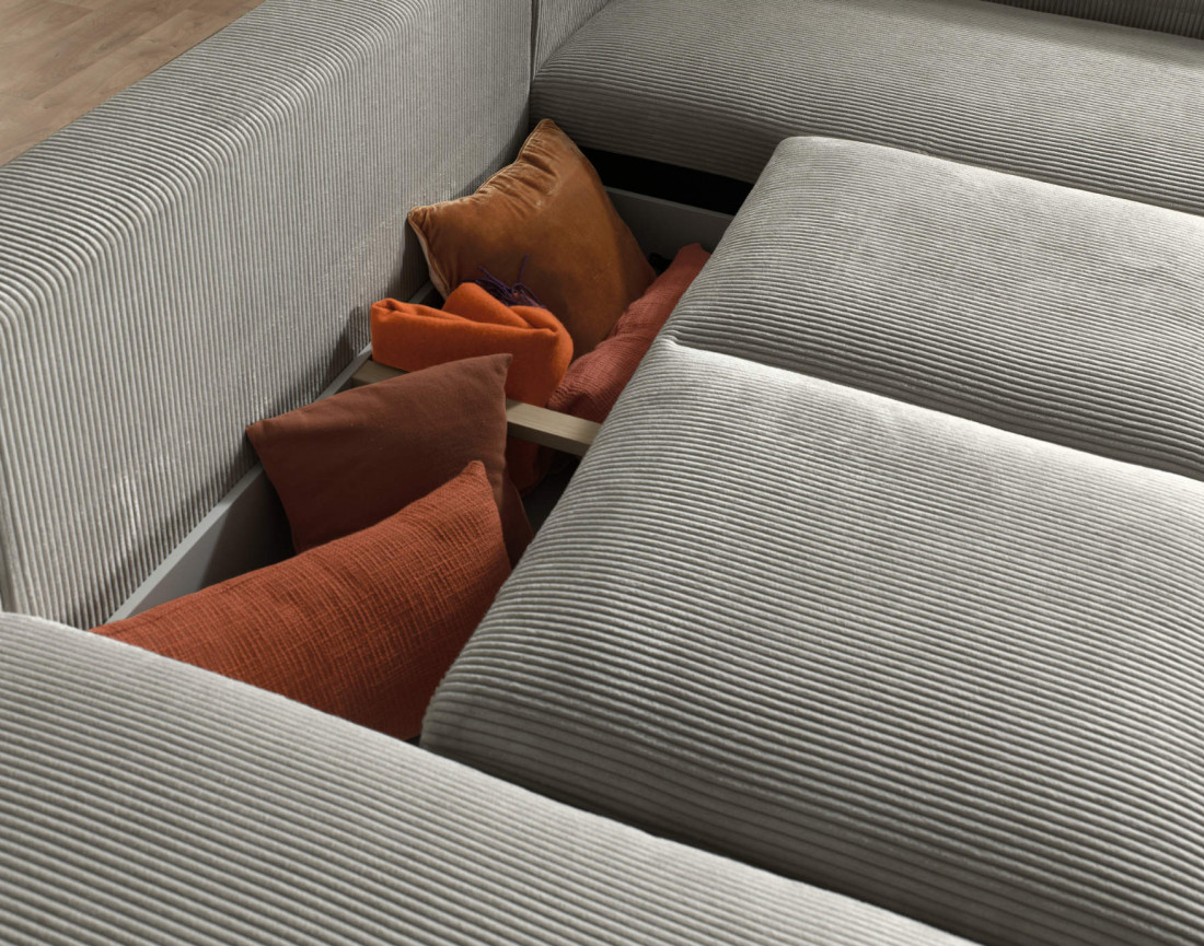 Canapé d'angle panoramique droit convertible avec coffre en velours côtelé Livy