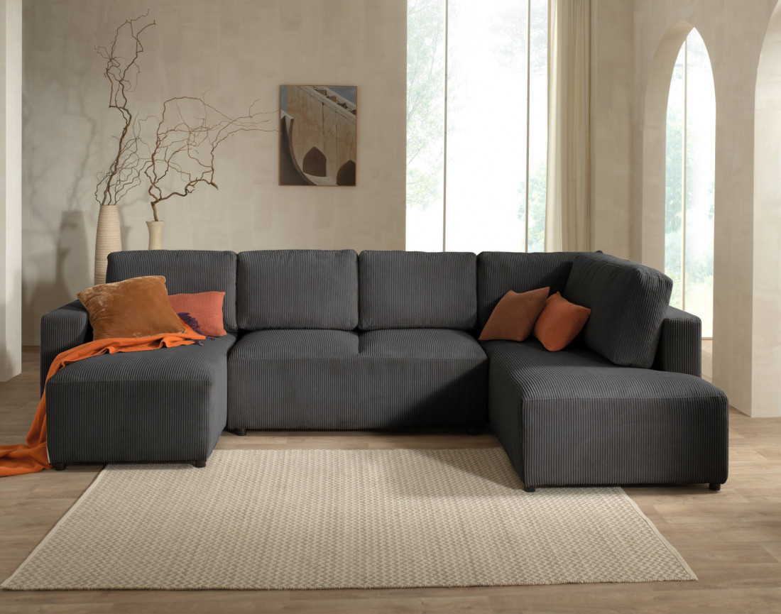 Canapé d'angle panoramique droit convertible avec coffre en velours côtelé Livy