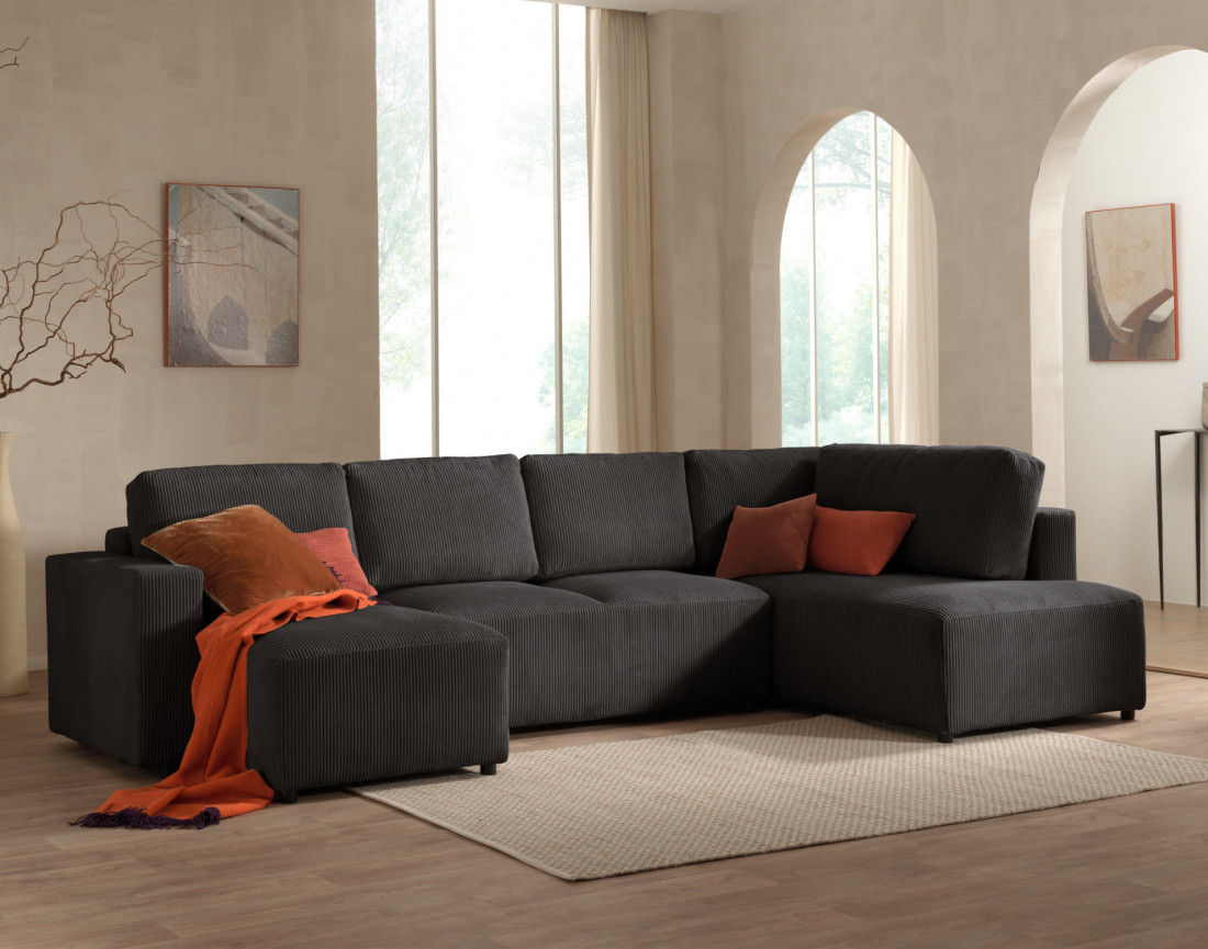 Canapé d'angle panoramique droit convertible avec coffre en velours côtelé Livy