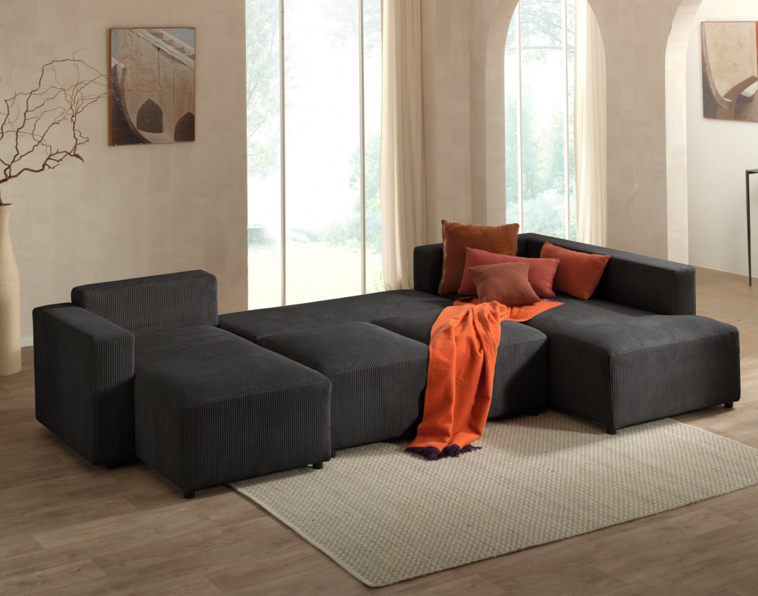 Canapé d'angle panoramique droit convertible avec coffre en velours côtelé Livy