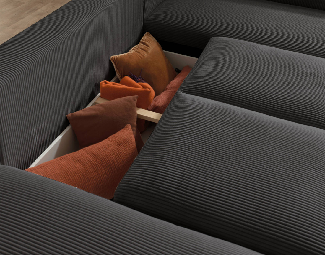 Canapé d'angle panoramique droit convertible avec coffre en velours côtelé Livy