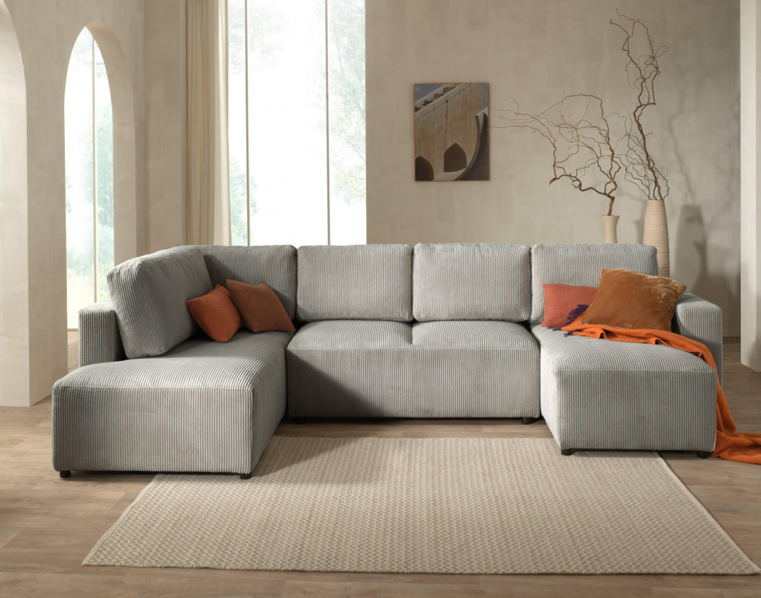 Canapé d'angle panoramique gauche convertible avec coffre en velours côtelé Livy