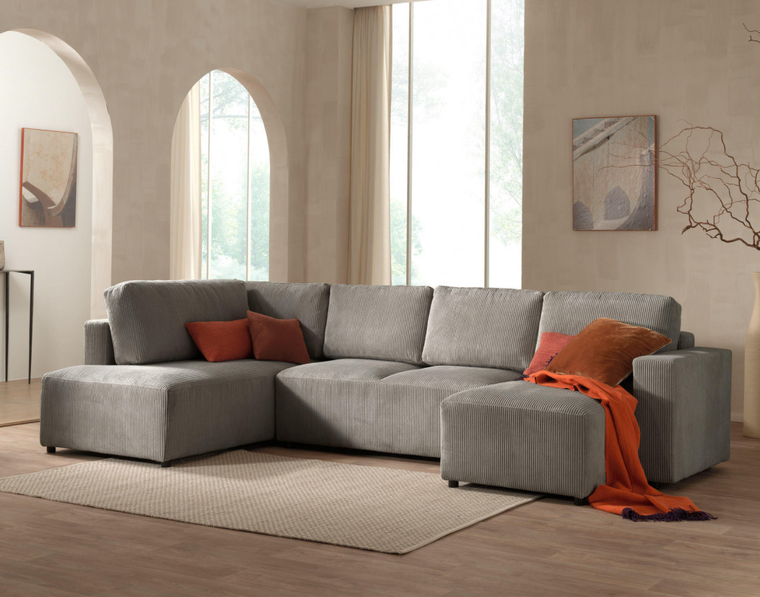Canapé d'angle panoramique gauche convertible avec coffre en velours côtelé Livy