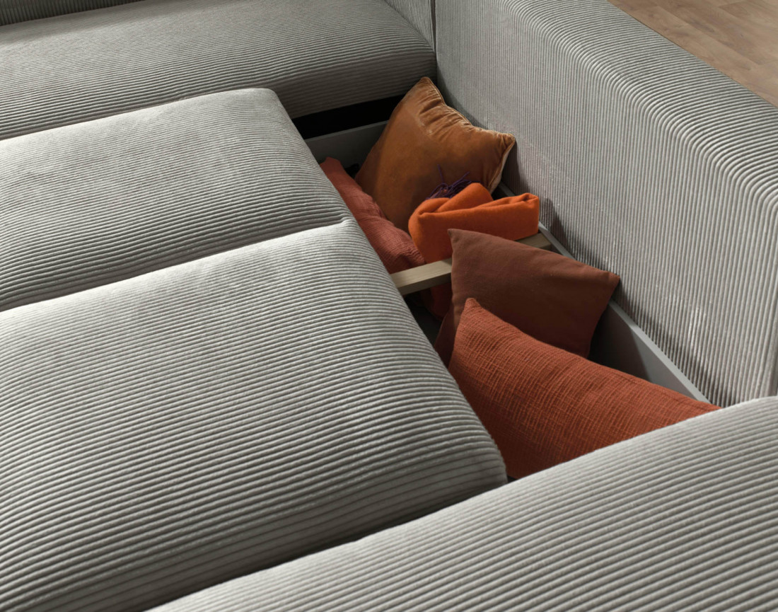 Canapé d'angle panoramique gauche convertible avec coffre en velours côtelé Livy