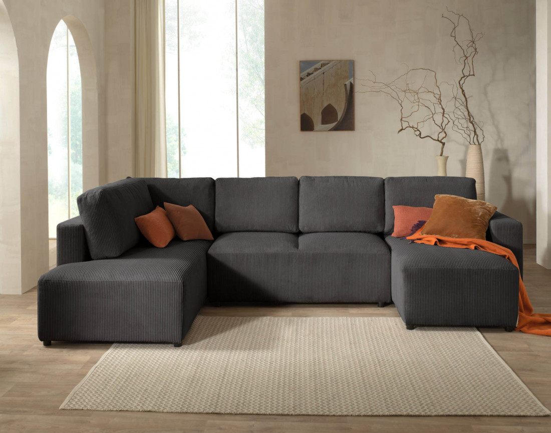 Canapé d'angle panoramique gauche convertible avec coffre en velours côtelé Livy