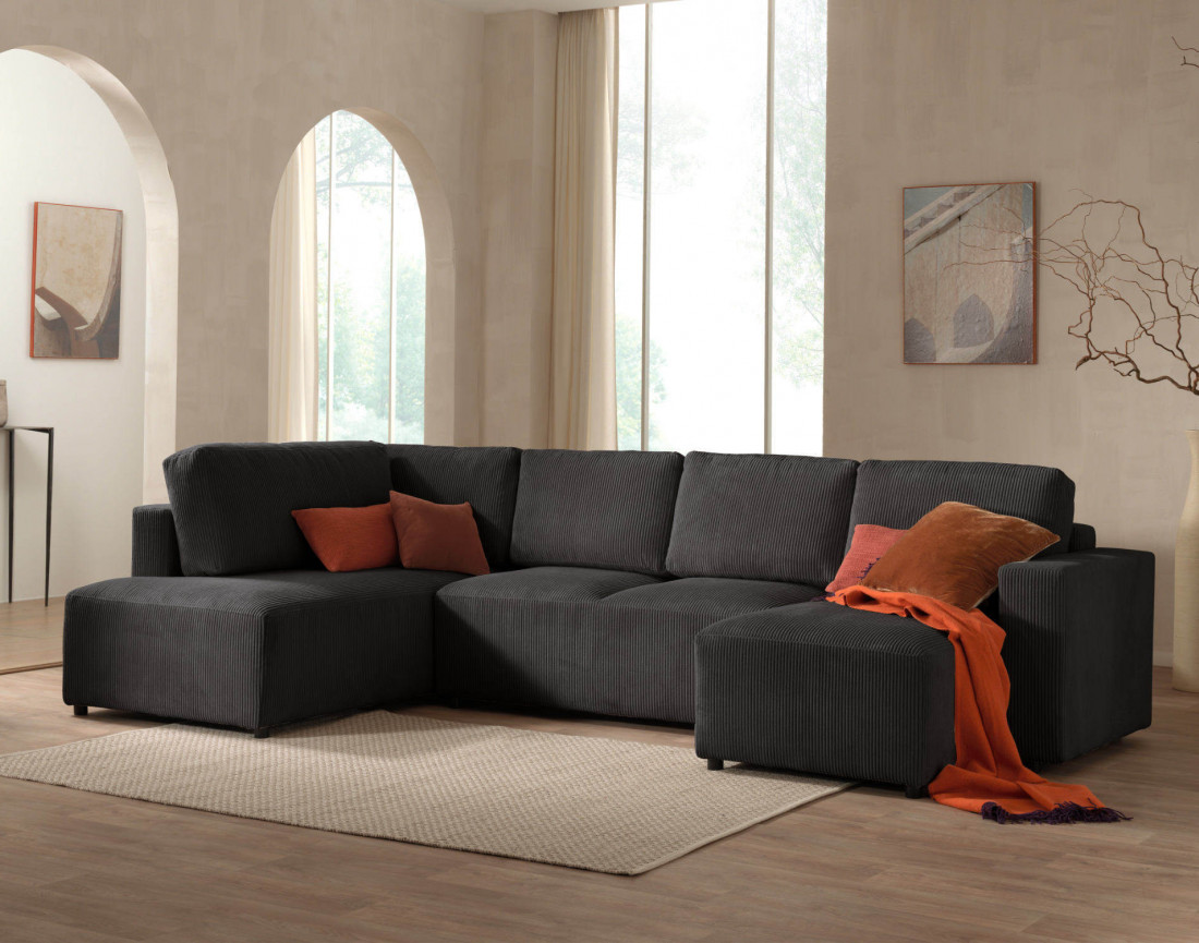 Canapé d'angle panoramique gauche convertible avec coffre en velours côtelé Livy