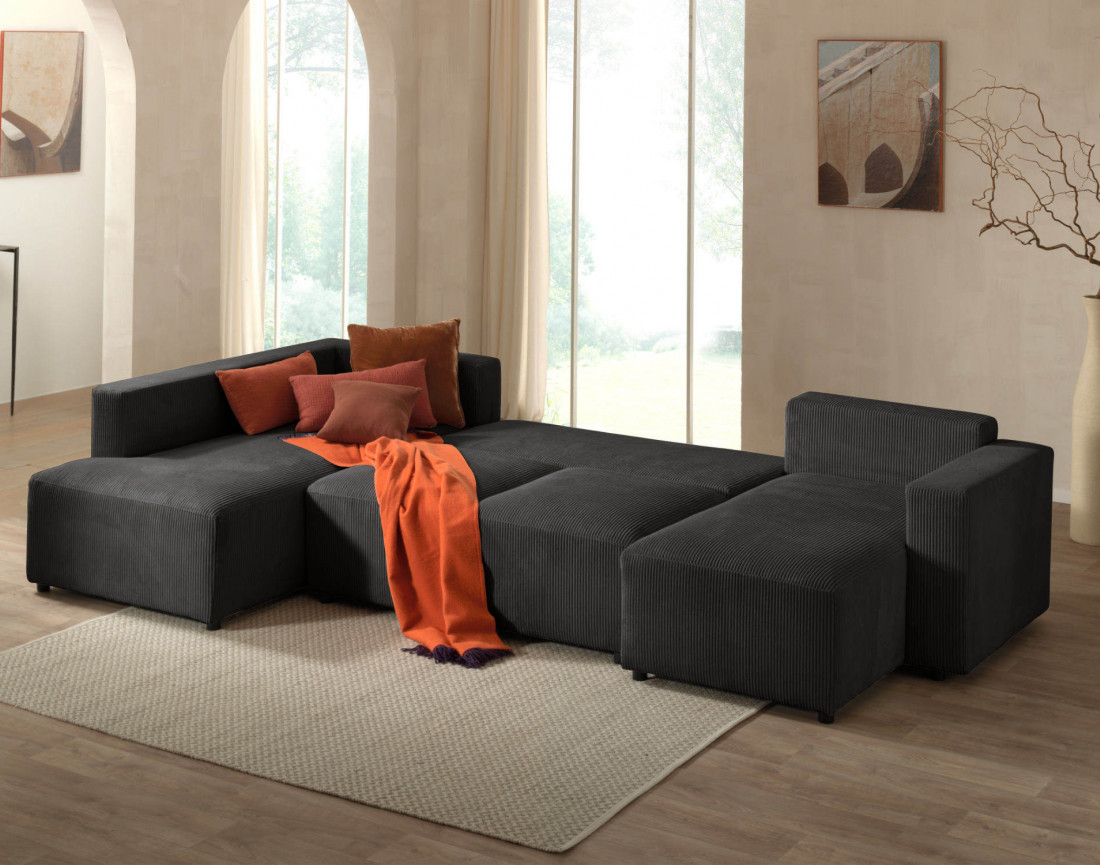 Canapé d'angle panoramique gauche convertible avec coffre en velours côtelé Livy
