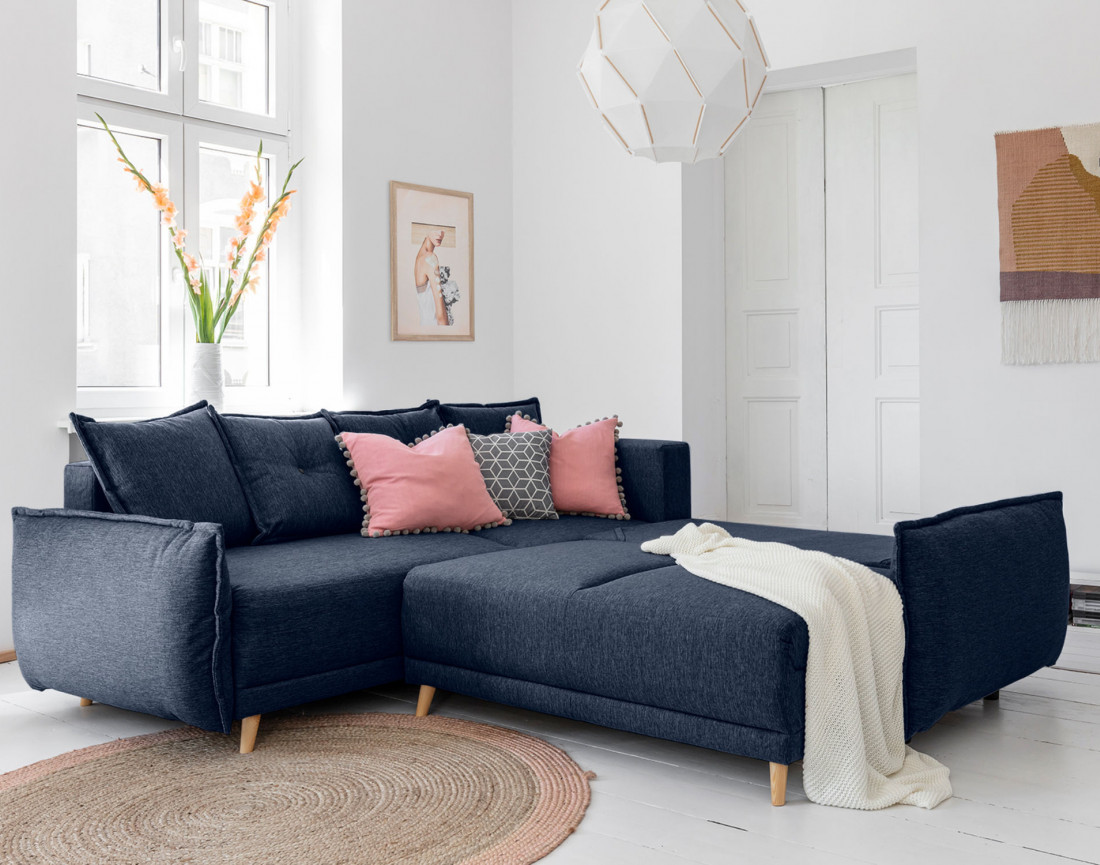 Canapé d'angle convertible Lena 5 places avec coffre style scandinave