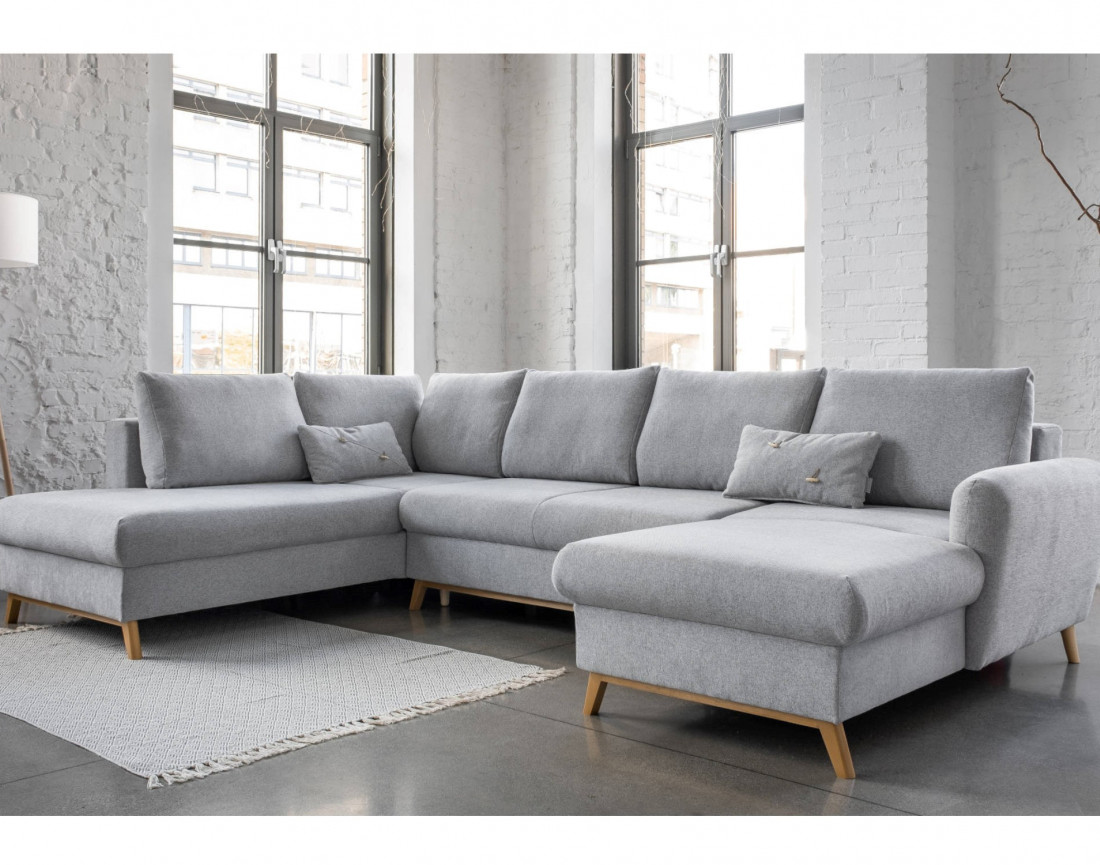 Lagom - canapé d'angle panoramique gauche convertible 7 places avec coffre en tissu - style scandinave
