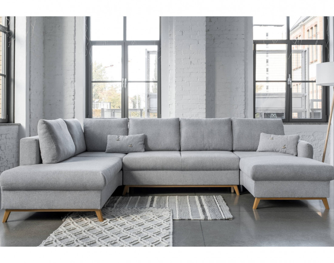 Lagom - canapé d'angle panoramique gauche convertible 7 places avec coffre en tissu - style scandinave