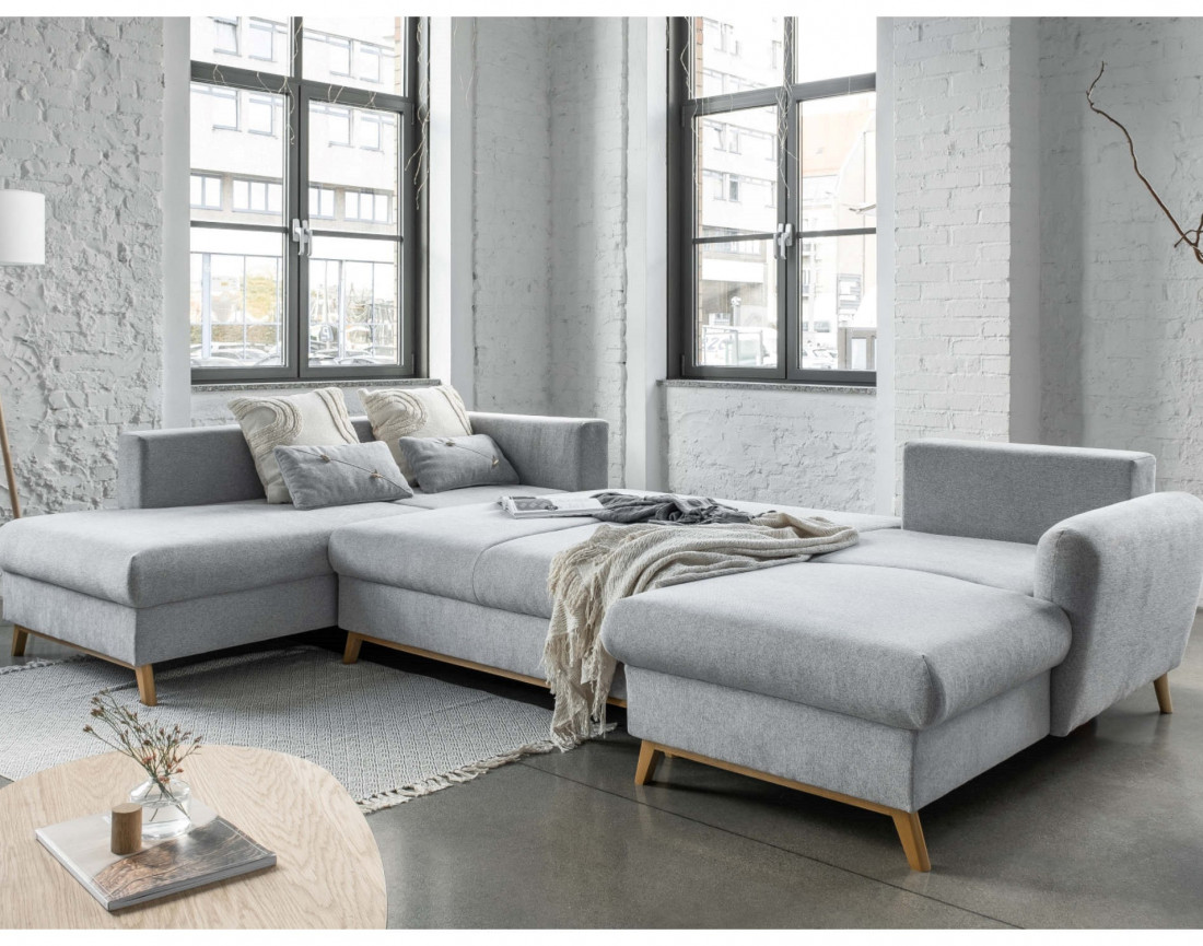 Lagom - canapé d'angle panoramique gauche convertible 7 places avec coffre en tissu - style scandinave