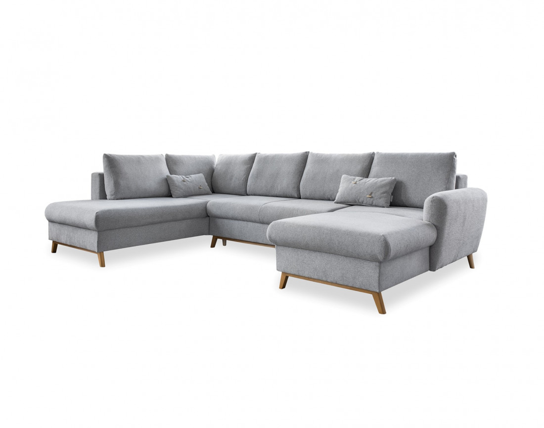 Lagom - canapé d'angle panoramique gauche convertible 7 places avec coffre en tissu - style scandinave