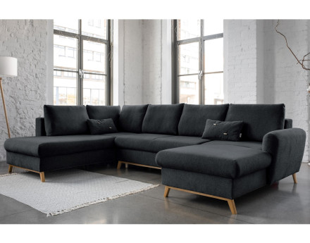 Lagom - canapé d'angle panoramique gauche convertible 7 places avec coffre en tissu - style scandinave