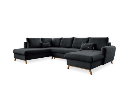 Lagom - canapé d'angle panoramique gauche convertible 7 places avec coffre en tissu - style scandinave