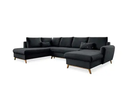 Lagom - canapé d'angle panoramique gauche convertible 7 places avec coffre en tissu - style scandinave