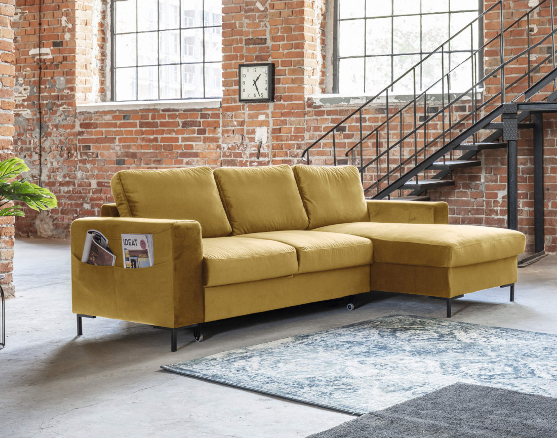 Canapé d'angle droit 4 places convertible avec coffre en velours