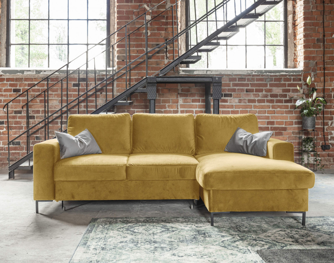 Canapé d'angle droit 4 places convertible avec coffre en velours