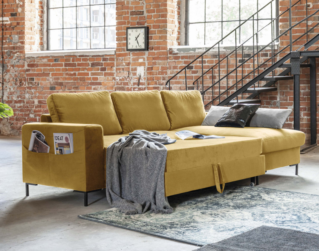 Canapé d'angle droit 4 places convertible avec coffre en velours