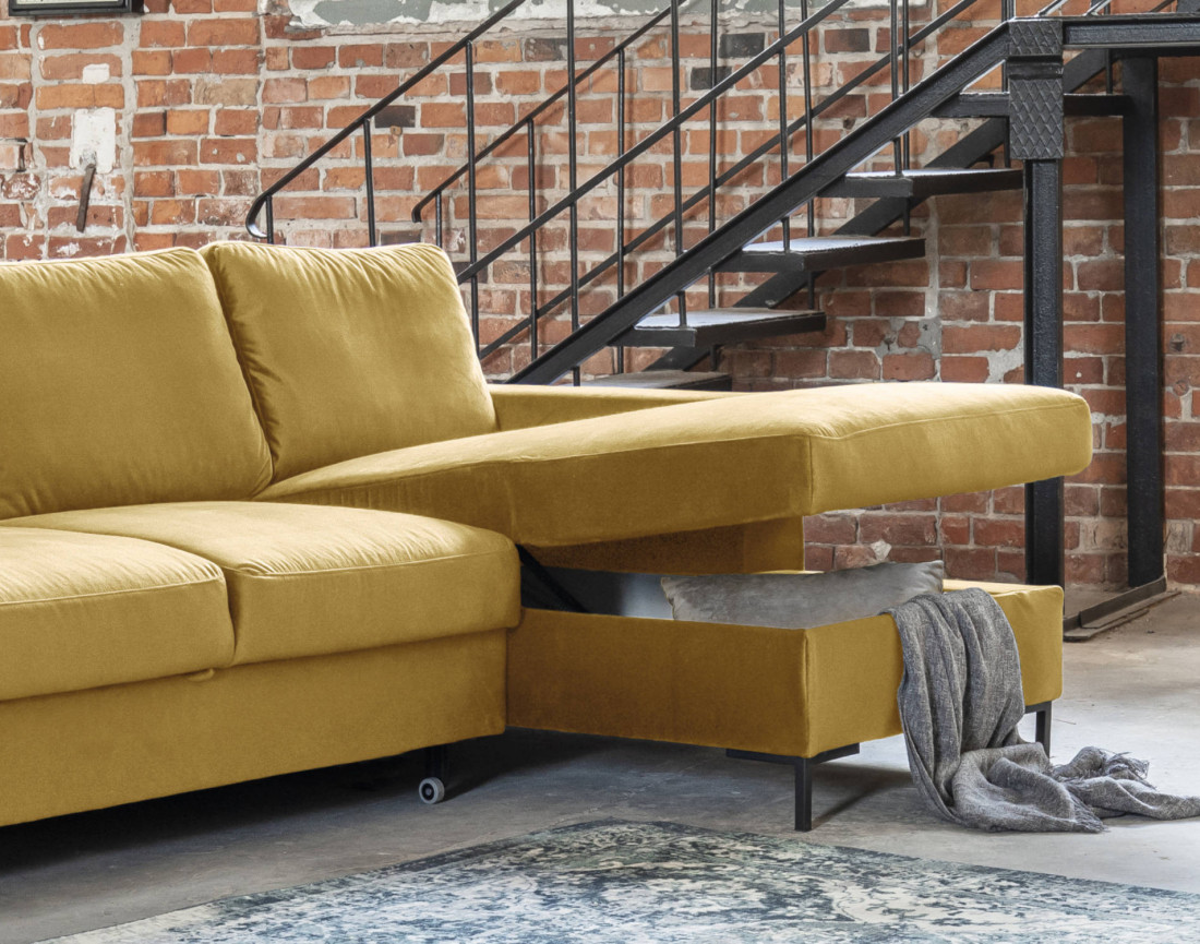 Canapé d'angle droit 4 places convertible avec coffre en velours