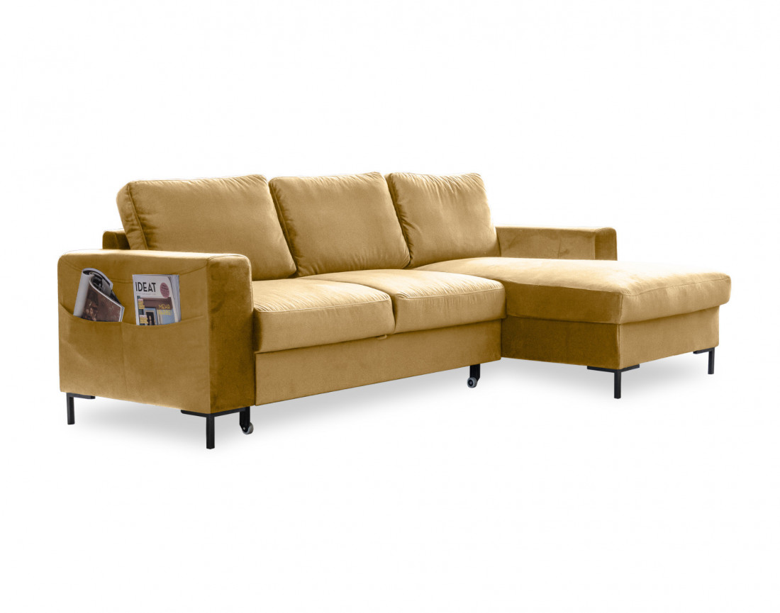 Canapé d'angle droit 4 places convertible avec coffre en velours
