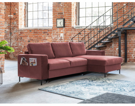 Canapé d'angle droit 4 places convertible avec coffre en velours