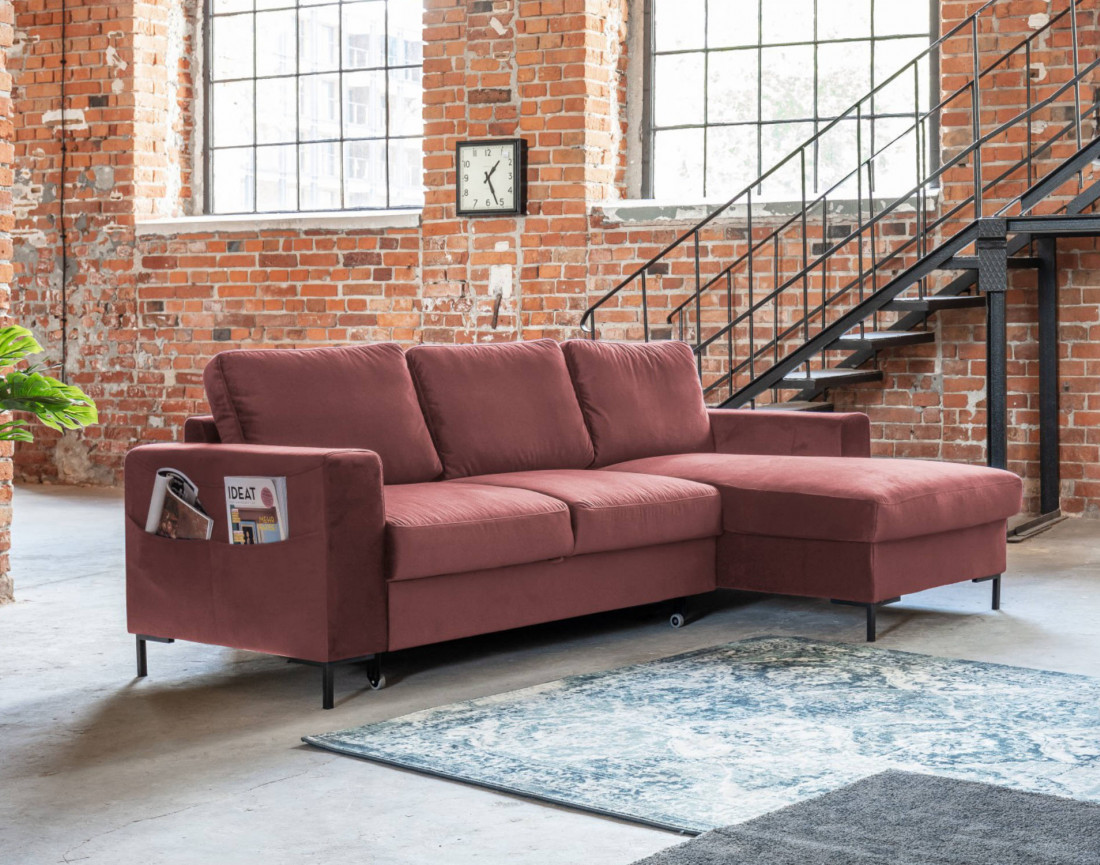 Canapé d'angle droit 4 places convertible avec coffre en velours