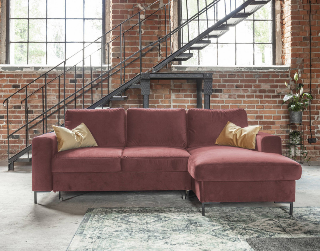 Canapé d'angle droit 4 places convertible avec coffre en velours