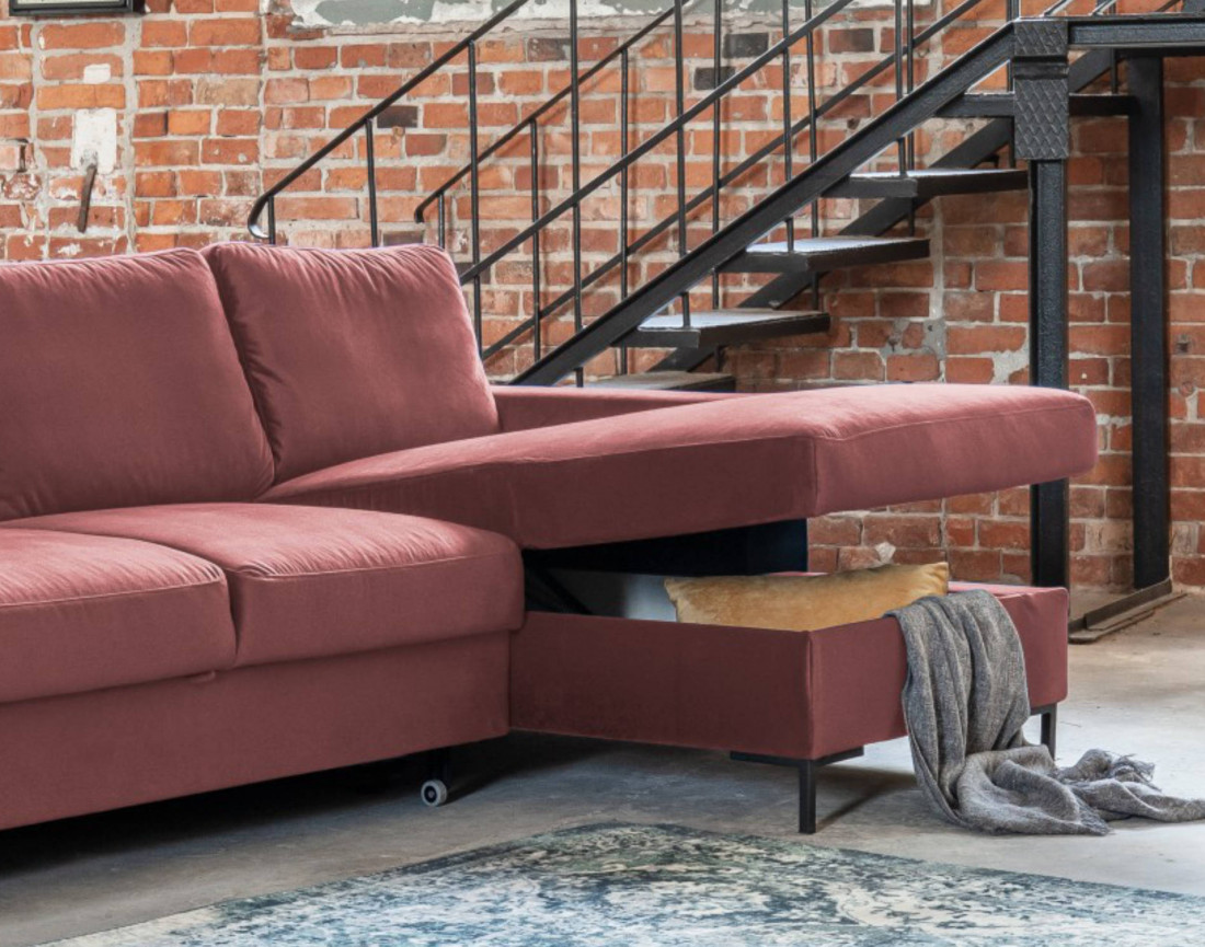 Canapé d'angle droit 4 places convertible avec coffre en velours