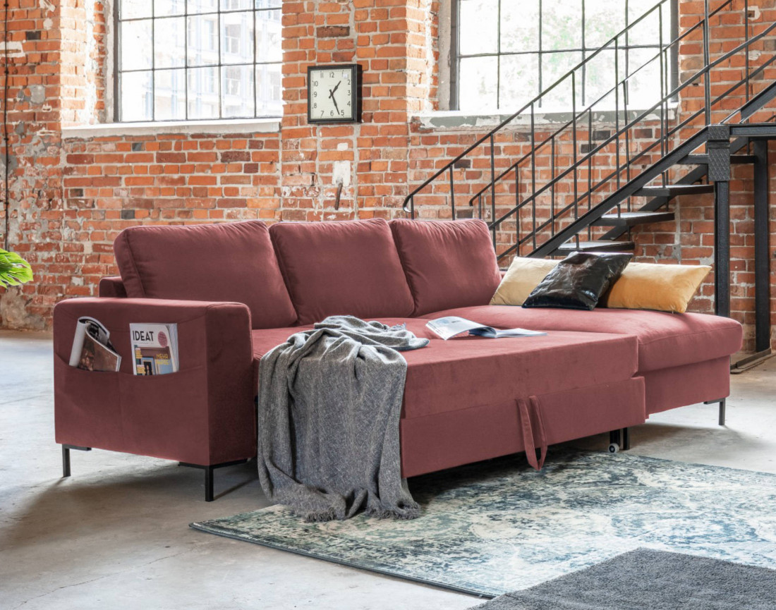 Canapé d'angle droit 4 places convertible avec coffre en velours