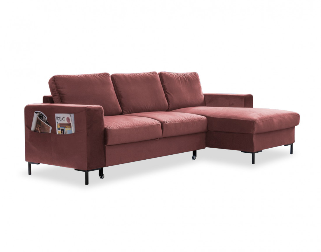 Canapé d'angle droit 4 places convertible avec coffre en velours