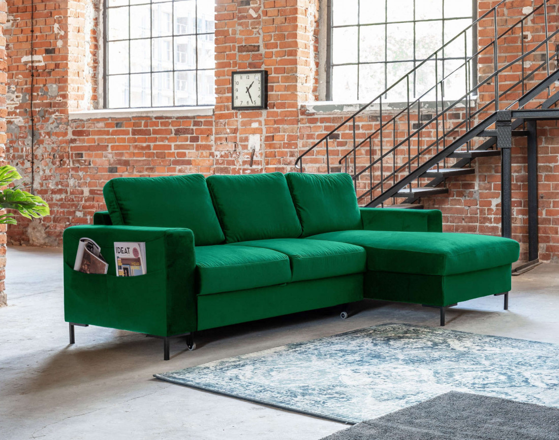 Canapé d'angle droit 4 places convertible avec coffre en velours