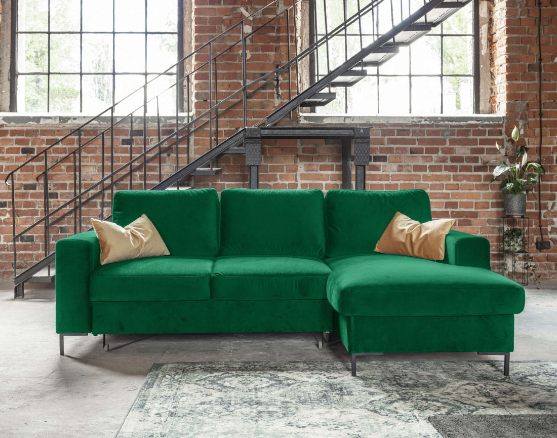 Canapé d'angle droit 4 places convertible avec coffre en velours