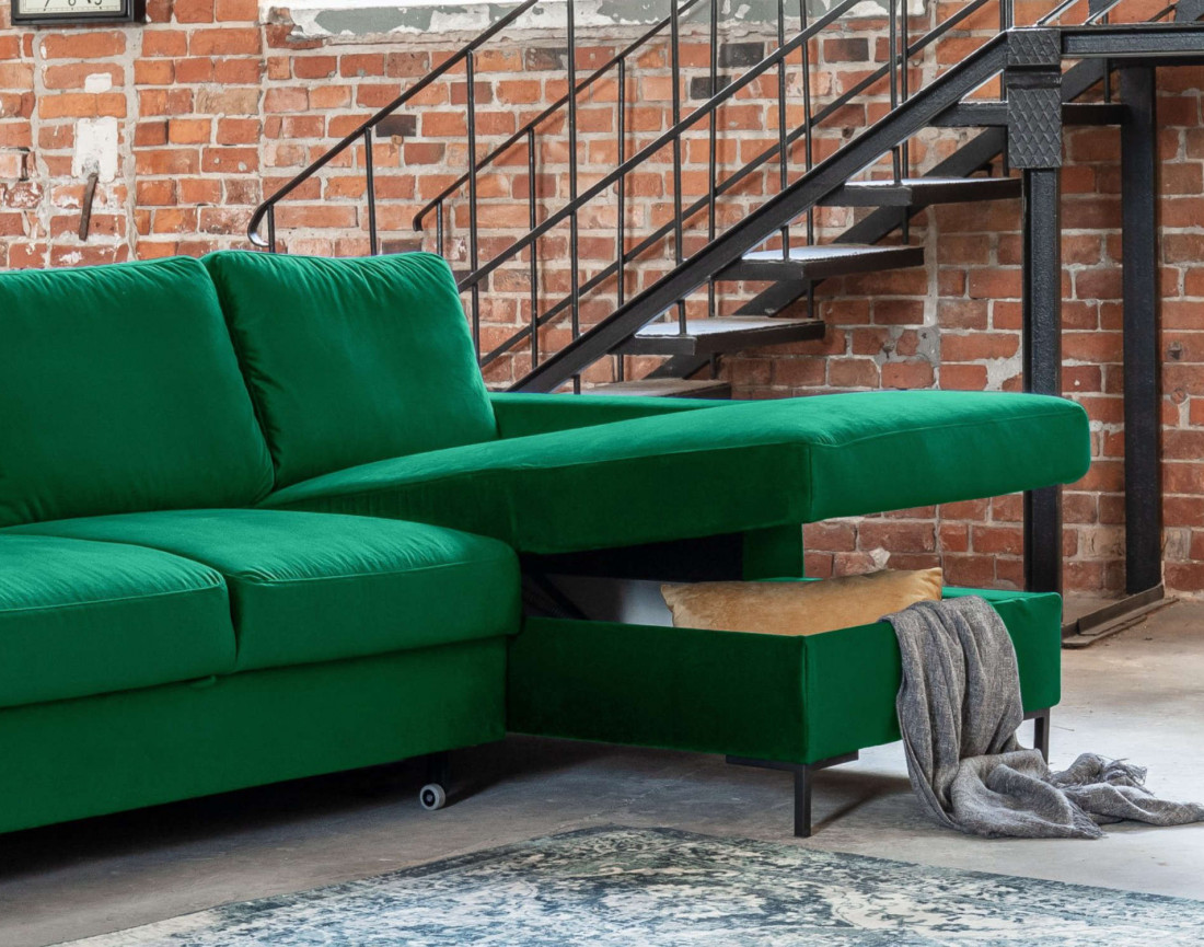 Canapé d'angle droit 4 places convertible avec coffre en velours