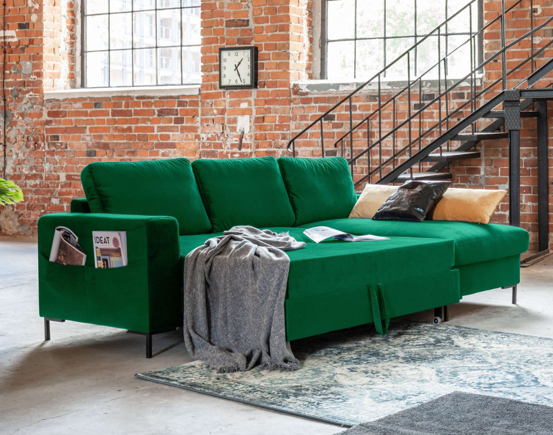 Canapé d'angle droit 4 places convertible avec coffre en velours