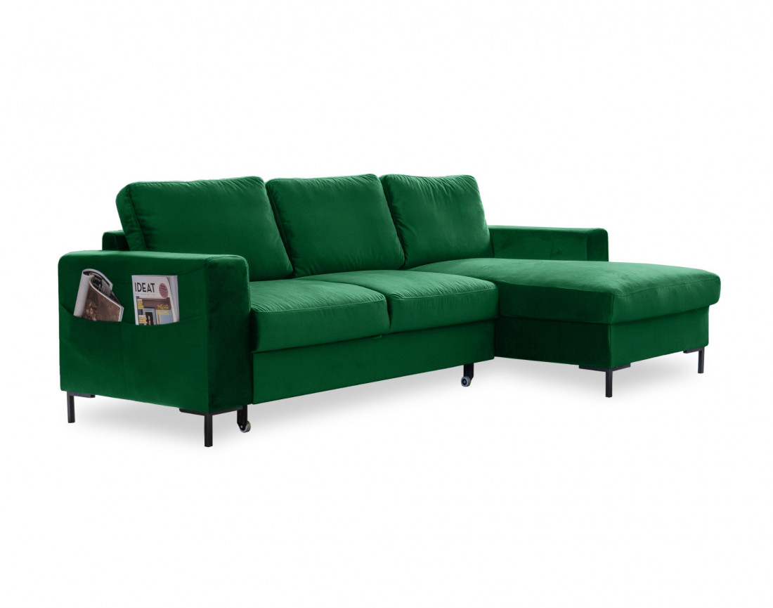 Canapé d'angle droit 4 places convertible avec coffre en velours