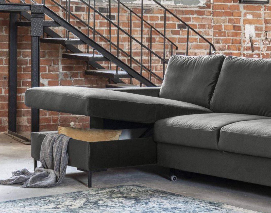 Canapé d'angle gauche 4 places convertible avec coffre en velours Lilly