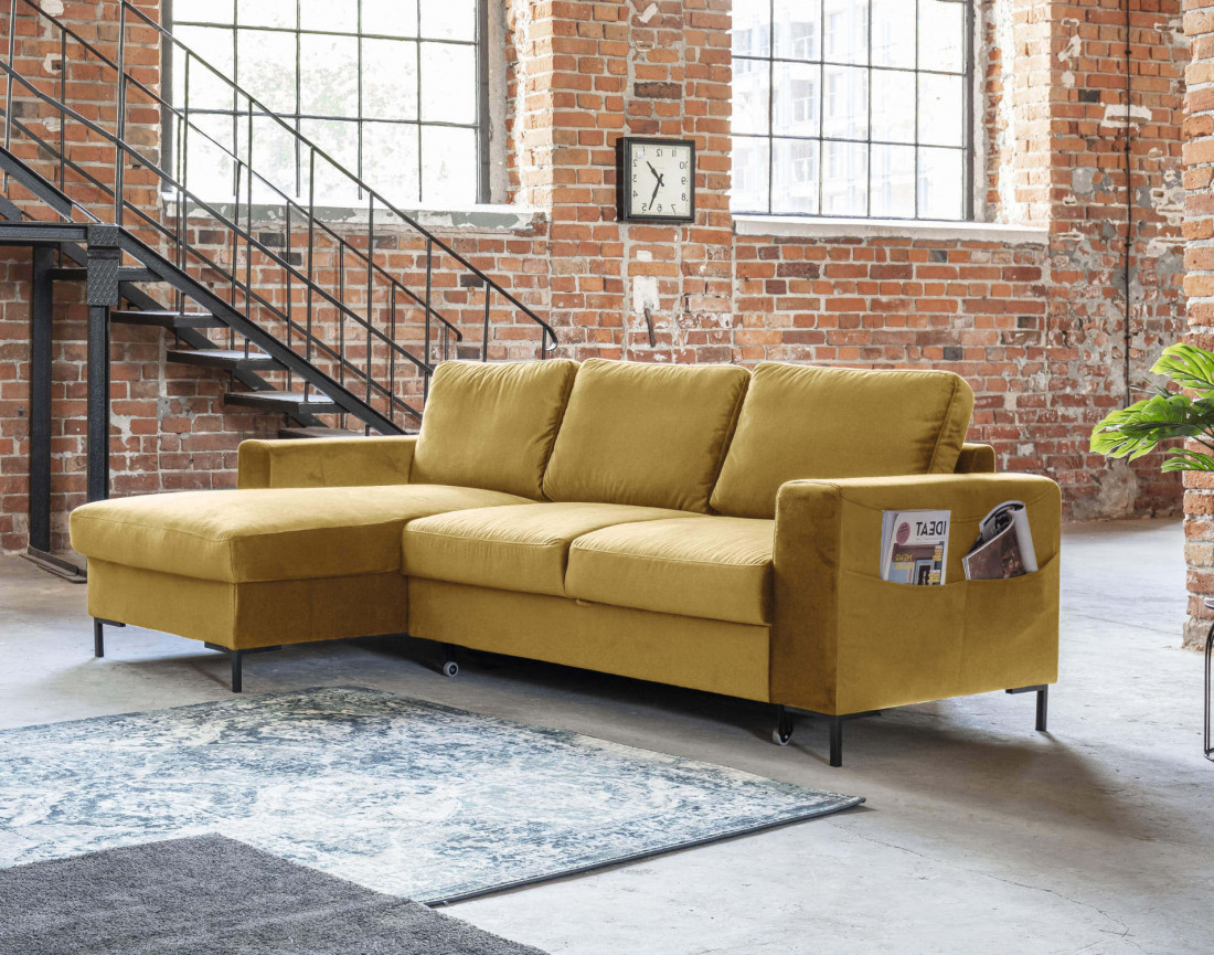 Canapé d'angle gauche 4 places convertible avec coffre en velours Lilly