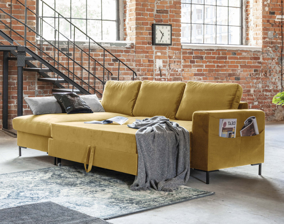 Canapé d'angle gauche 4 places convertible avec coffre en velours Lilly