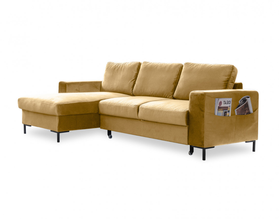 Canapé d'angle gauche 4 places convertible avec coffre en velours Lilly