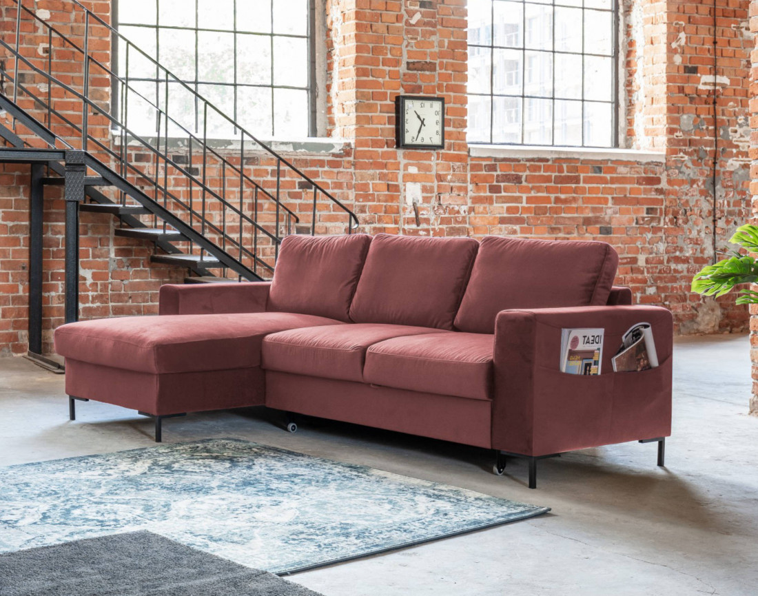 Canapé d'angle gauche 4 places convertible avec coffre en velours Lilly