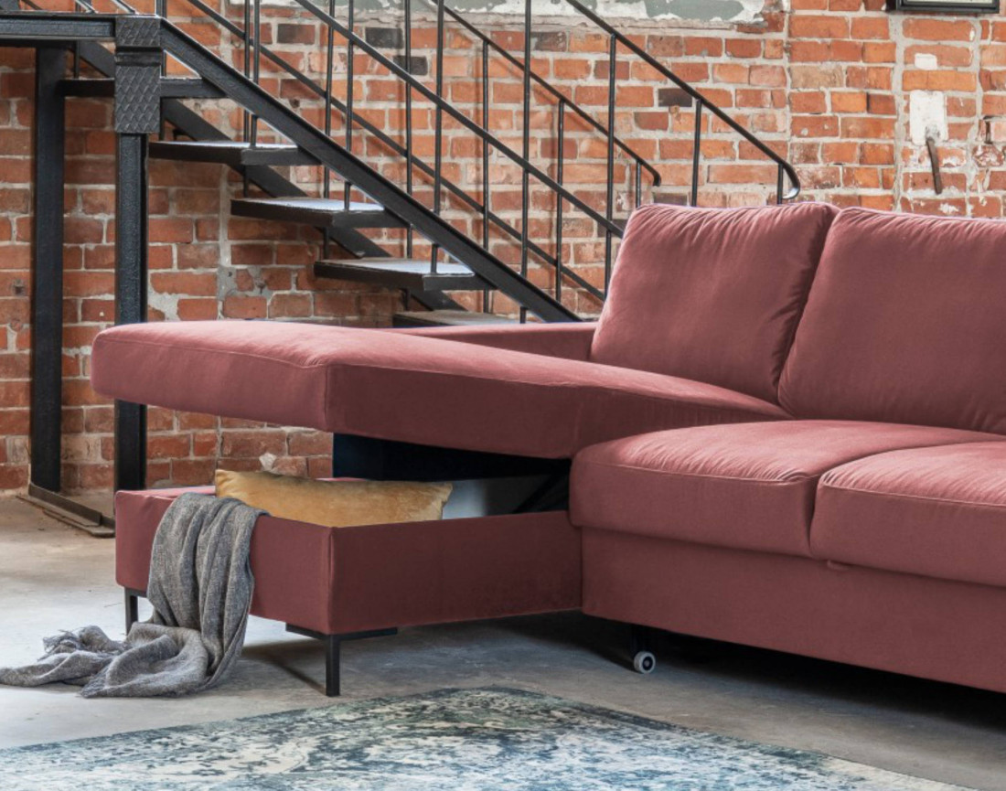 Canapé d'angle gauche 4 places convertible avec coffre en velours Lilly