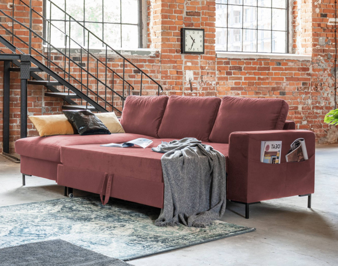 Canapé d'angle gauche 4 places convertible avec coffre en velours Lilly