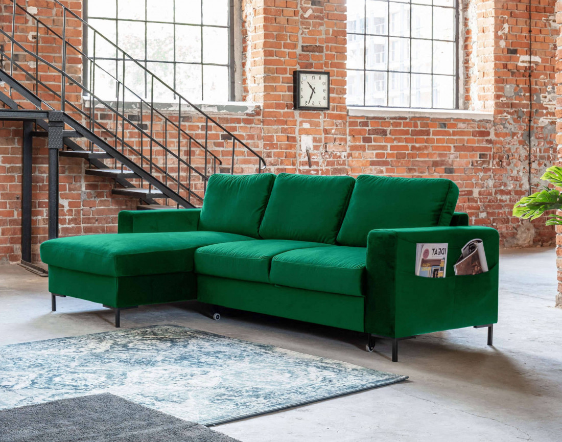 Canapé d'angle gauche 4 places convertible avec coffre en velours Lilly